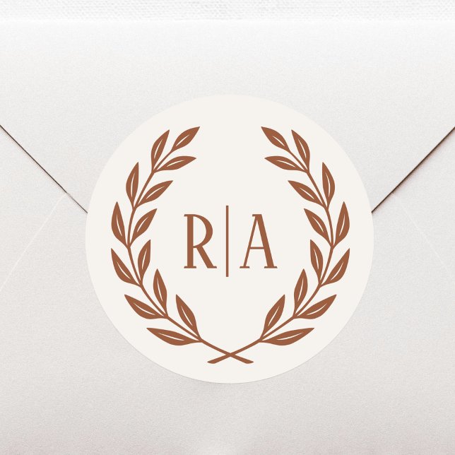 Elegant Monogram Wedding Wreath Terracotta Cream Classic Round Sticker (Creator Uploaded)