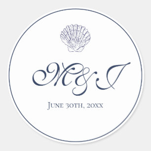 Elegant Monogram White and Blue Shell Classic Round Sticker