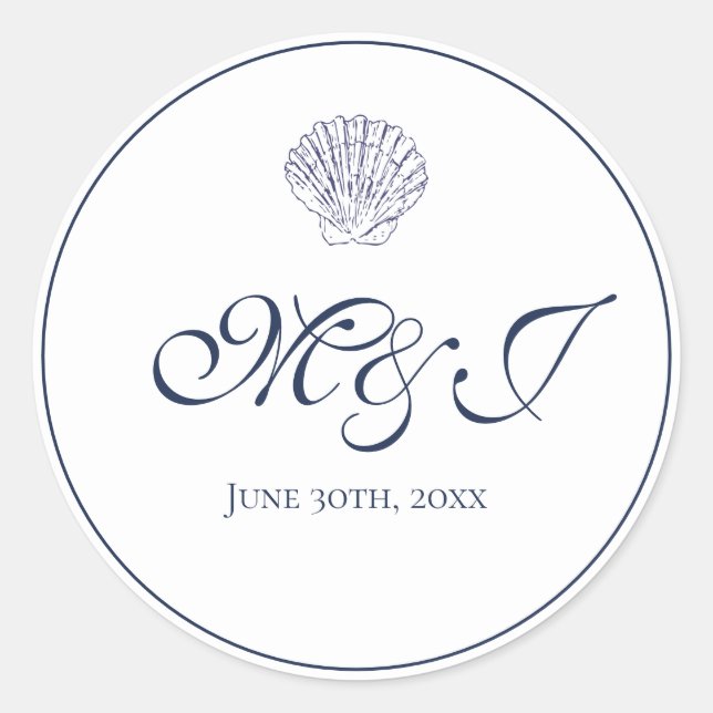 Elegant Monogram White and Blue Shell Classic Round Sticker (Front)