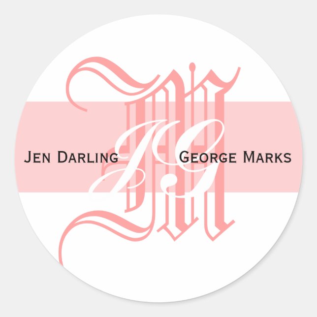 Elegant Monogram White and Pink Wedding Sticker (Front)