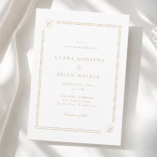Elegant Monogram White Beige Gold Border Wedding Invitation