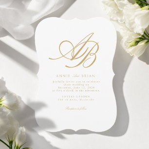 Elegant Monogram White Beige Gold Wedding Invitation