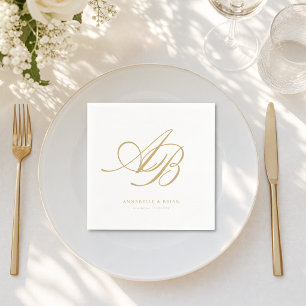 Elegant Monogram White Beige-Gold Wedding Napkin