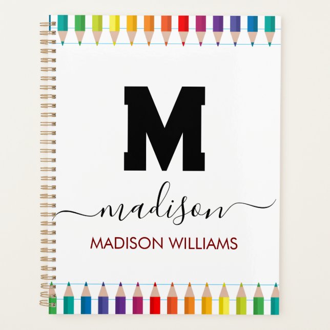 Elegant Monogram white black  Script Office School Planner (Front)