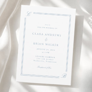 Elegant Monogram White Blue Border Wedding Invitation
