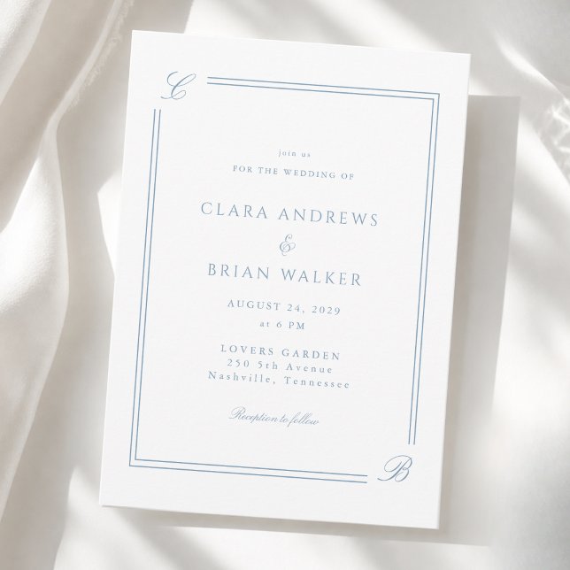 Elegant Monogram White Blue Border Wedding Invitation (Elegant Monogram White Blue Border Wedding Invitation)