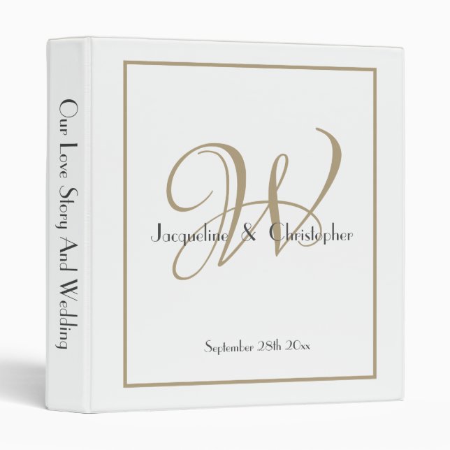 Elegant Monogram White & Gold Wedding Album  Binder (Front/Spine)