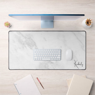Elegant Monogram White Grey Marble Desk Mat