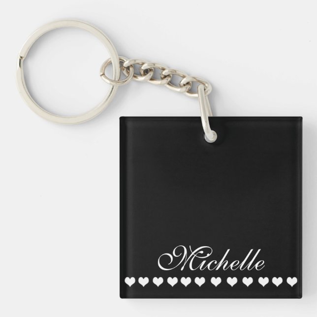 Elegant Monogram White Hearts Black Keychain (Front)