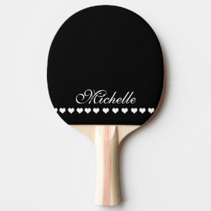 Elegant Monogram White Hearts Black Ping Pong Paddle