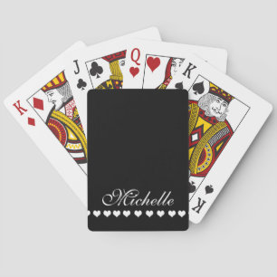 Elegant Monogram White Hearts Black Playing Cards