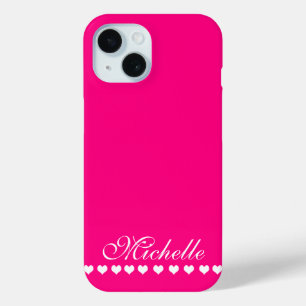 Elegant Monogram White Hearts Bright Pink iPhone 15 Case
