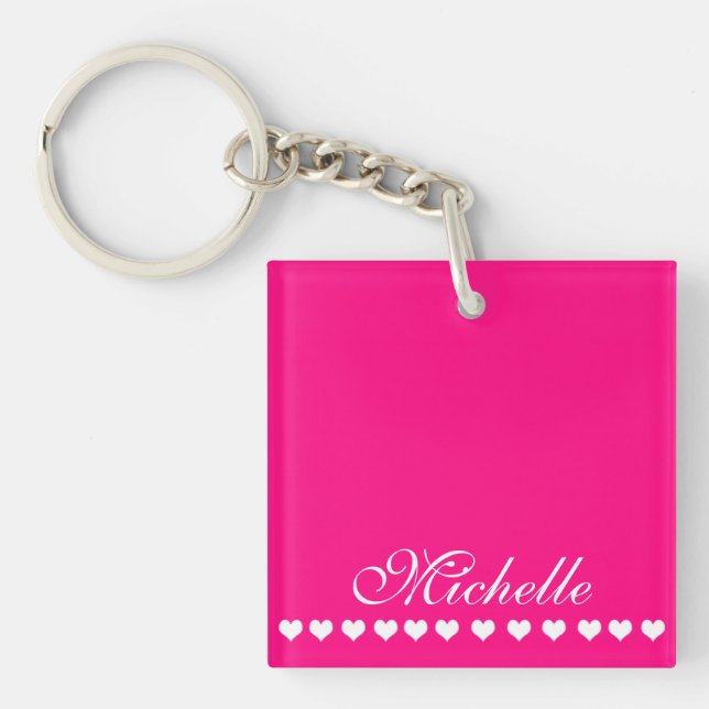 Elegant Monogram White Hearts Bright Pink Keychain (Front)