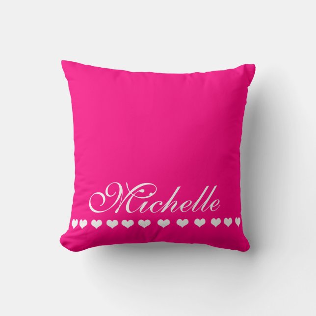 Elegant Monogram White Hearts Bright Pink Throw Pillow (Front)