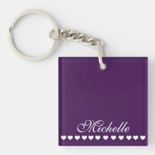Elegant Monogram White Hearts Eggplant Purple Keychain