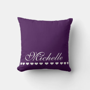 Elegant Monogram White Hearts Eggplant Purple Throw Pillow