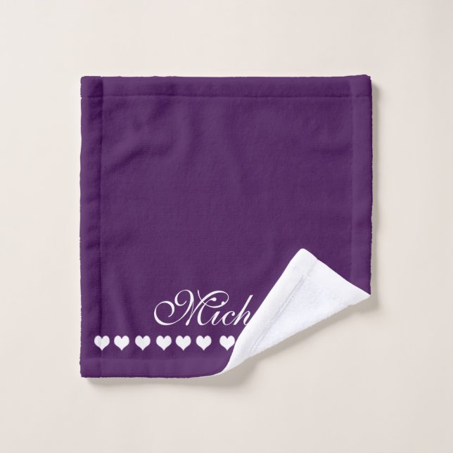 Elegant Monogram White Hearts Eggplant Purple Wash Cloth (Wash Cloth)