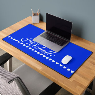 Elegant Monogram White Hearts Royal Blue Desk Mat