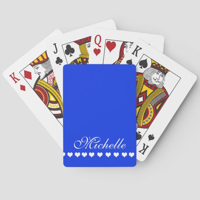 Elegant Monogram White Hearts Royal Blue Playing Cards (Back)