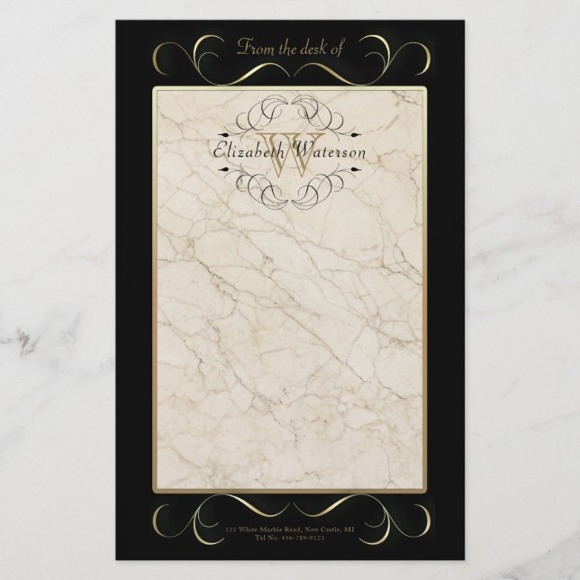 Elegant Monogram White Marble Ornament Gold Black Stationery (Front)