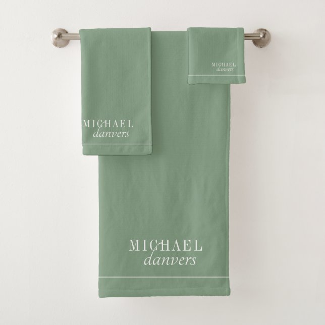 Elegant Monogram White Name Sage Green Bath Towel Set (Insitu)