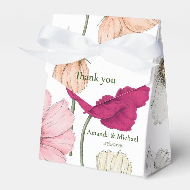 Elegant Monogram White Pink Flowers Ribbon Wedding Favor Box (Front Side)