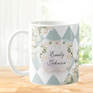 Elegant Monogram White Roses Green Leaves Diamond Coffee Mug