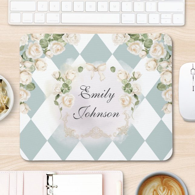 Elegant Monogram White Roses Green Leaves Diamond Mouse Pad (In situ)