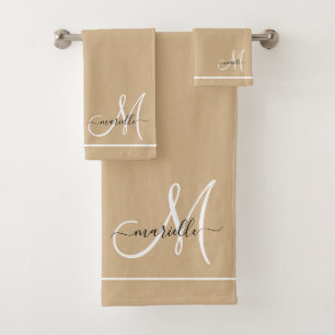 Elegant Monogram White Script Name Tan Bath Towel Set