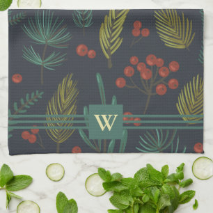 Elegant Monogram Winter Botanical  Kitchen Towel