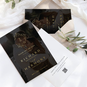 Elegant Monogram Wreath Black Photo Save the Date