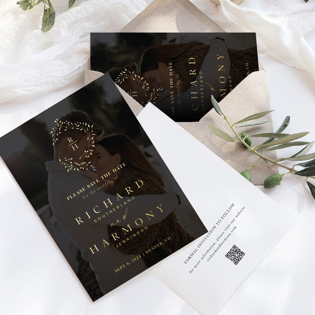 Elegant Monogram Wreath Black Photo Save the Date (Creator Uploaded)