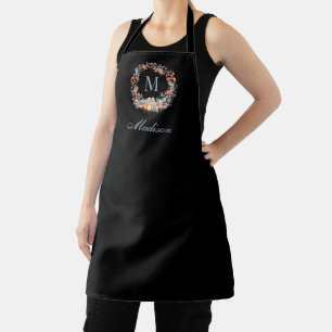 Elegant Monogram Wreath Chic Black Christmas Apron