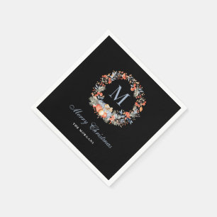 Elegant Monogram Wreath Chic Black Christmas Party Napkin