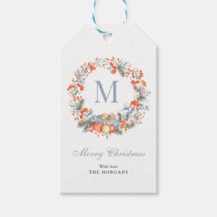 Elegant Monogram Wreath Dusty Blue Christmas Gift Tags