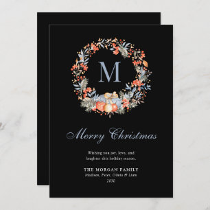 Elegant Monogram Wreath Dusty Blue Modern Holiday Card