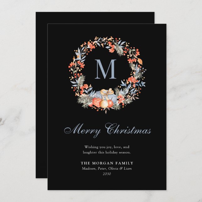 Elegant Monogram Wreath Dusty Blue Modern Holiday Card (Front/Back)