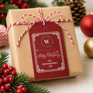 Elegant Monogram Wreath merry Christmas Red Gift Tags