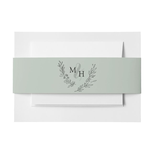 Elegant Monogram Wreath Sage Invitation Belly Band (Front Example)