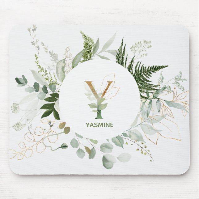 Elegant Monogram Y Greenery Wreath Mouse Pad (Front)