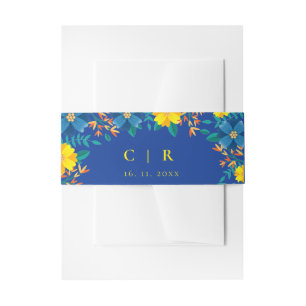 Elegant Monogram Yellow and Blue Floral Wedding Invitation Belly Band