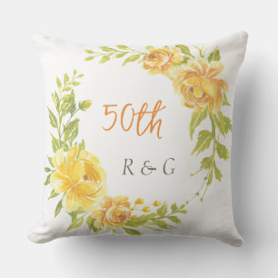 Elegant Monogram Yellow Flower Wreath Wedding 50th Outdoor Pillow