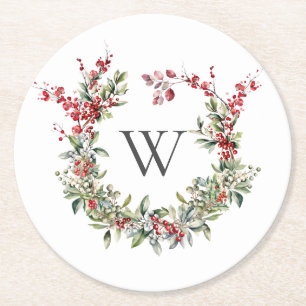 Elegant MonogramChristmas Holiday Wreath Round Paper Coaster