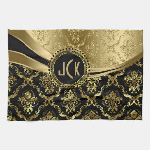 Elegant Monogramed Black & Gold Floral Damasks 2c Kitchen Towel