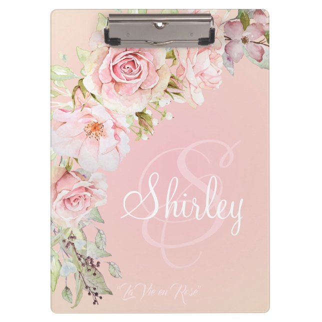 Elegant Monogramed Pink Watercolor Roses Clipboard (Front)