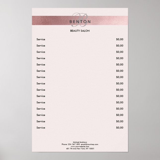 Elegant Monogramm Lightpink Rosegold Pricelist Poster (Front)