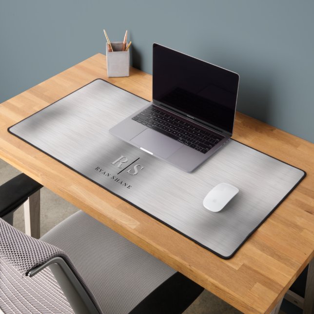 Élégant Monogramme 3D & Nom noir, Argent brossé (Bureau 2)