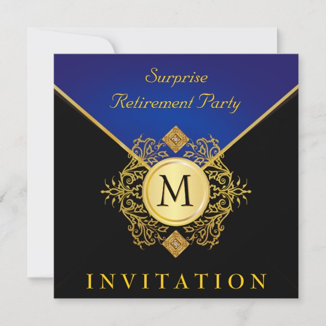Élégant Monogramme bleu or noir Invitation 2 (Devant)