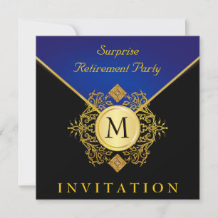 Élégant Monogramme bleu or noir Invitation 2