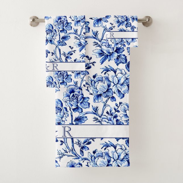 Élégant Monogramme de toile florale bleu et blanc (En situation)